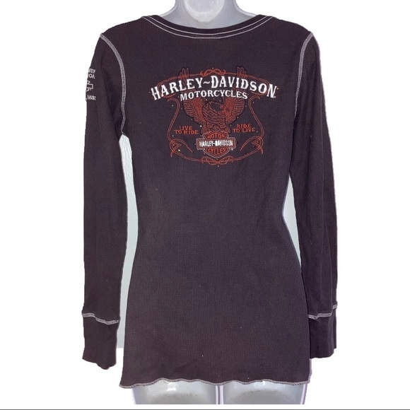Harley Davidson Motorcycles Waffle Knit Long Sleeve Fitted Top Brown M /L - Picture 4 of 7